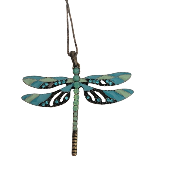 BEAUTIFUL DRAGONFLY NECKLACE BEJEWELED UNMARKED BLUE COLORS 2" PENDANT - Picture 2 of 10